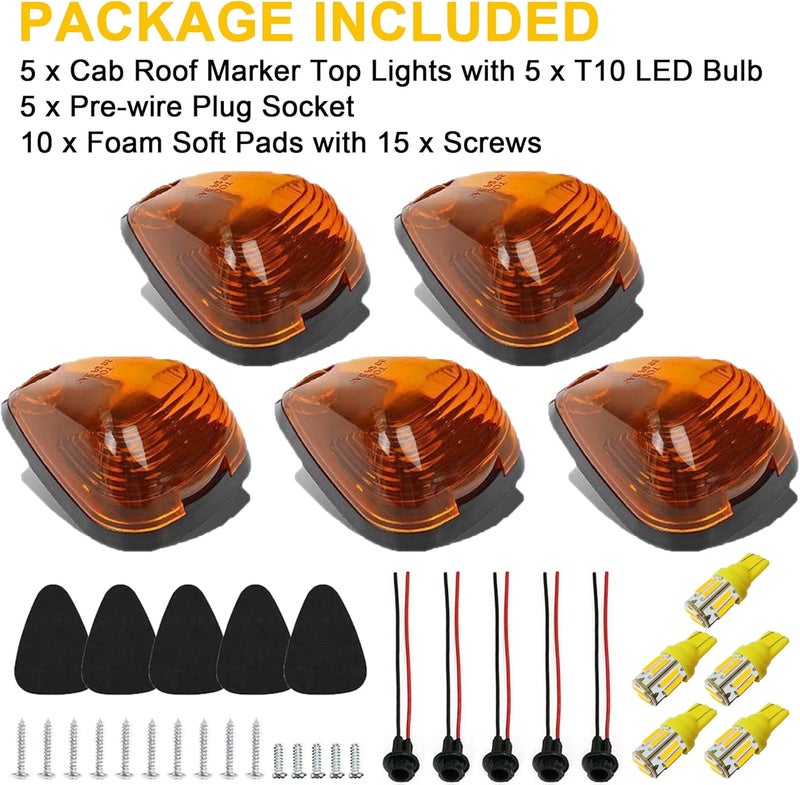 GLOFE 5X Cab Roof Marker Lights LED Amber Top Clearance Running Lights Compatible with Ford 1999-2016 F150 F250 F350 F450 F550 Super Duty Pickup Trucks SUV (5PCS, Amber Lens) - Image 2